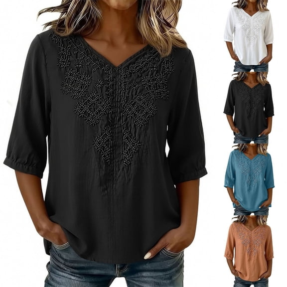 Aboser Embroidered Blouse for Women Half Sleeve Cotton Linen Shirts Beach Vacation Tops Casual V Neck T Shirt Lightweight Soft Lounge Blouses