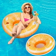 Orange Slice Inflatable Pool Float for Adults, Round Mesh Bottom Water Lounger Float with Cup Holder & Handles for Pool, Lake, Beach Use