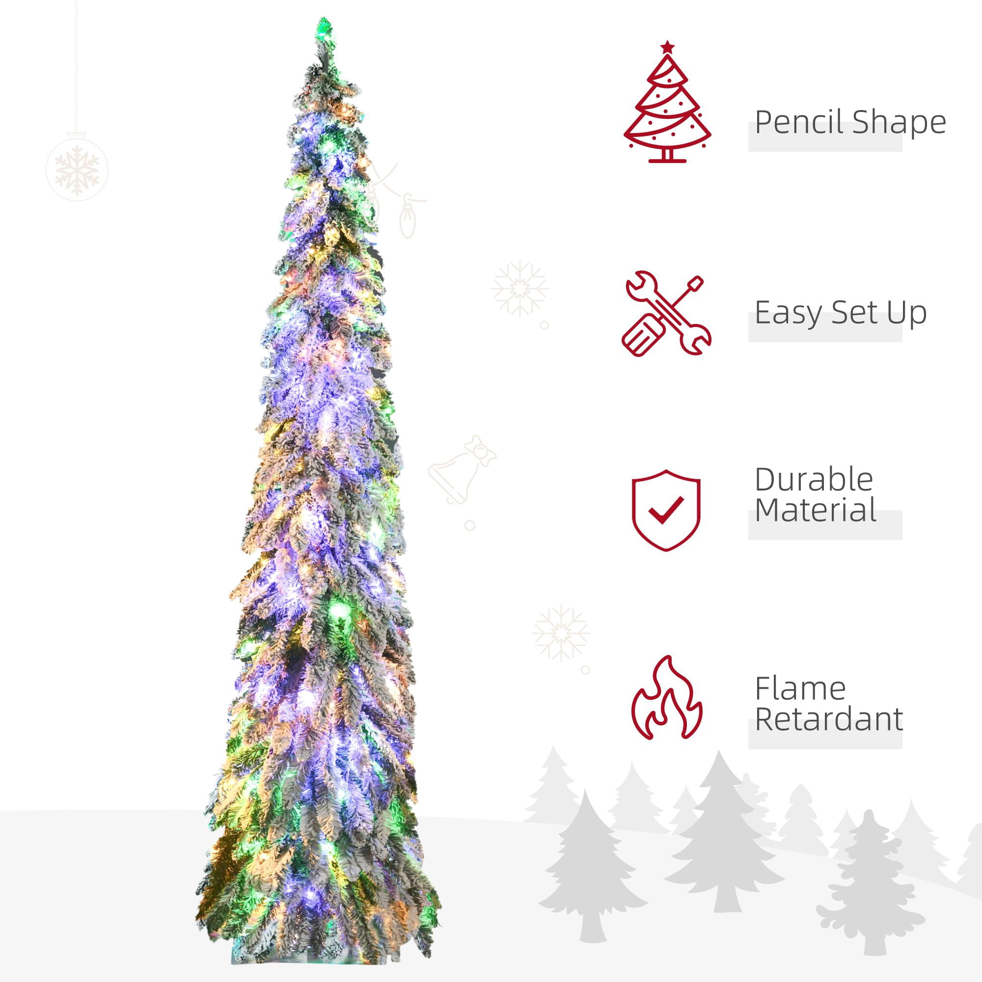 Prelit Pencil Christmas Tree with Snow Flocked Branches, 350 LED Lights, 7 ft, Downswept Shape, Indoor Holiday Decor