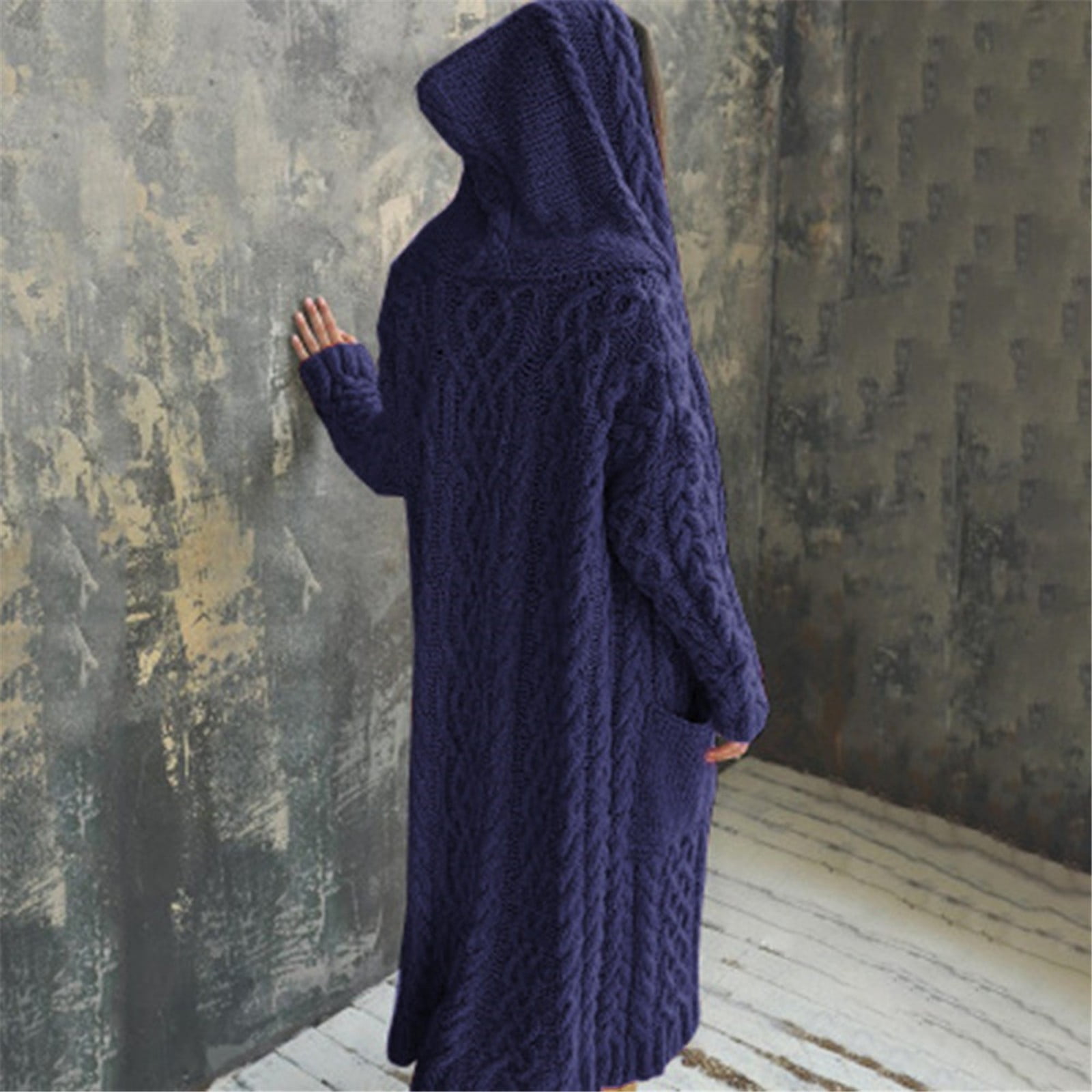 Hvot&aat Women's Cable Knit Hooded Sweaters Open Front Cardigan Long Sleeve Sweater Coats Oversized Maxi Jacket with Pockets