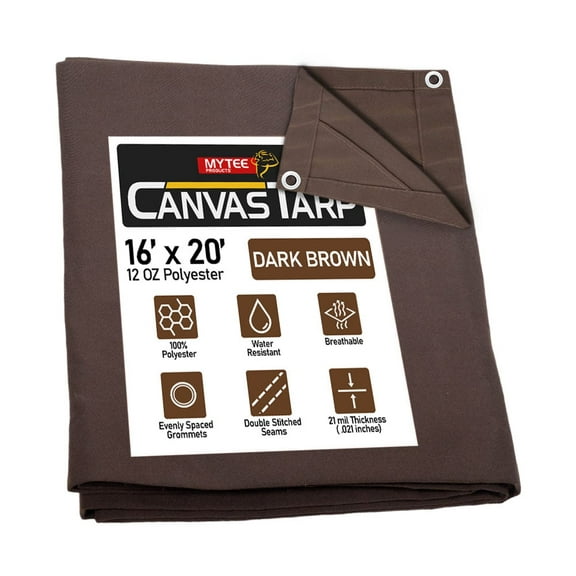 16' x 20' Dark Brown 12oz Canvas Tarp with Grommets - Water Resistant - Heavy Duty Canvas Tarps - Multipurpose Tarpaulin Cover for Canopy Tent, Roof, Camping, Semi Trucks & Cargo