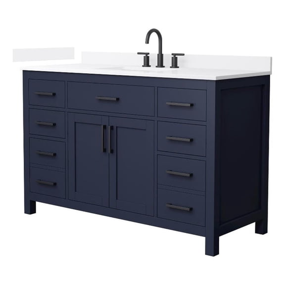 Beckett 54" Dark Blue Single Vanity & White Quartz Top (3-Hole) & Black Trim