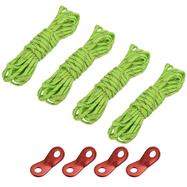 Unique Bargains 19.7FT 4mm Reflective Camping Guyline Rope Fluorescent Green 4Pack with Cord Adjusters 4Pack, 1 Set