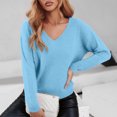 thumbnail image 4 of NTACZA Loose Fitting Sweater Women Blue V Neck Plus Size Sweater Long Sleeve Cozy Pullover Knit Tops Women Jumper XL, 4 of 7