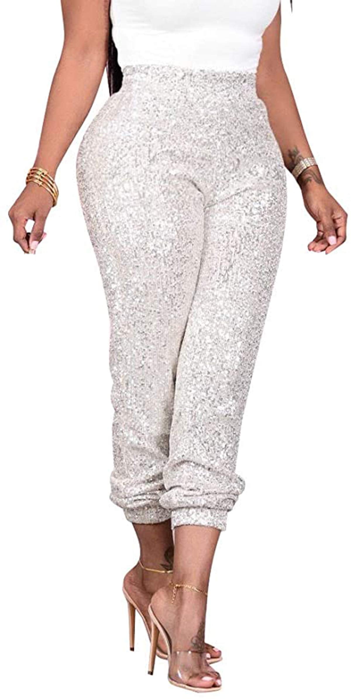 Women's Sequin Pants High Elastic Waist Pants Shiny Tight Lounge Joggers  Plus Size Casual Trousers - Walmart.com