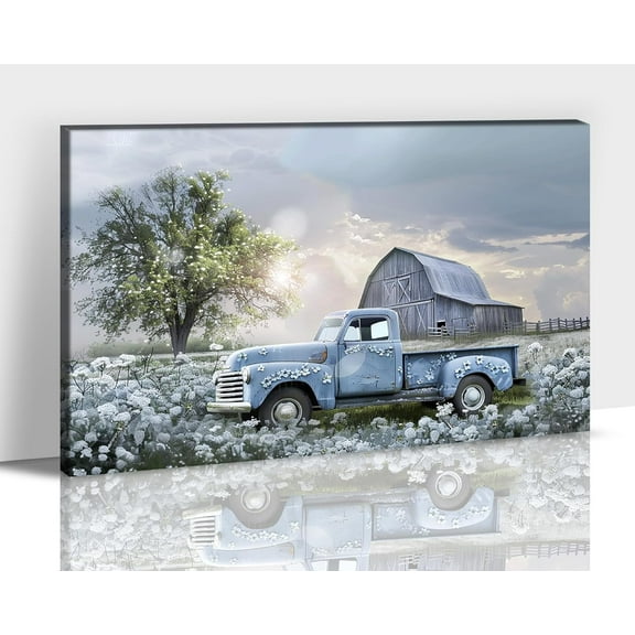 Farmhouse Old Truck Wall Art Home Farmhouse Decor, Blue Truck Canvas Print Barn White Floral Rustic Pictures for Walls, Country Artwork Living Room Wall Art Bedroom Decor 12x18 Inches