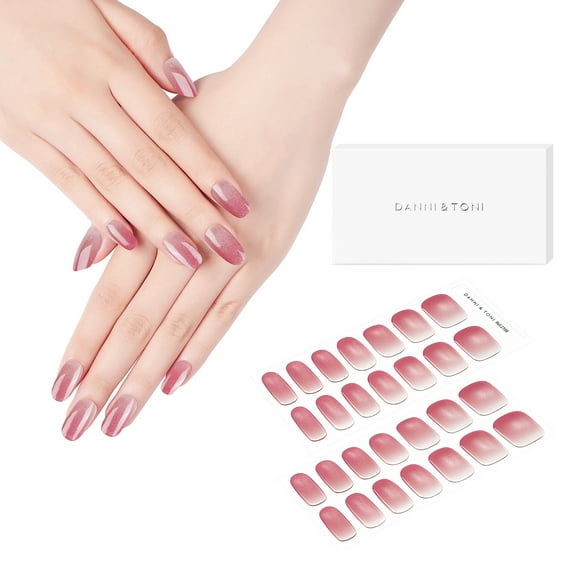 DANNI & TONI Semi Cured Gel Nail Strips Red Ombre Clear (Gloss Crush) Cat Eye Gel Nail Wraps 28 Stickers