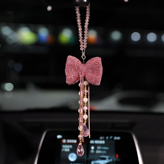 LAMIRO Cute Bow Pendant With Crystal Beaded Charms For Rear View Mirror Car Interior Decoration Accessories