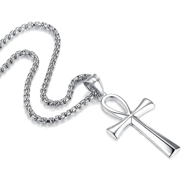 Stainless Steel Coptic Ankh Cross Religious Pendant Necklace for Men Women, 24 Inches Chain