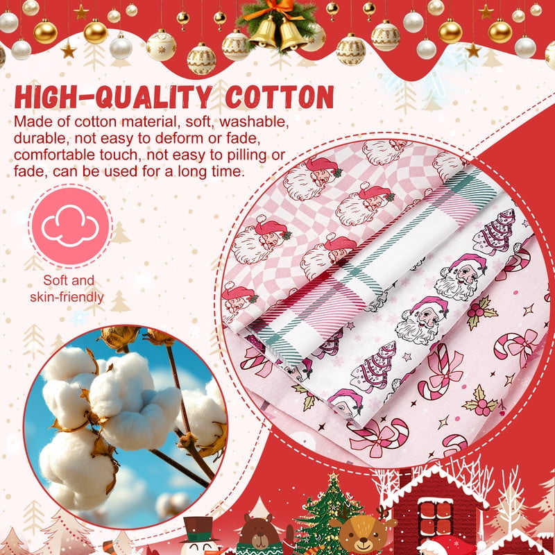 12pcs Christmas Pink Cotton Fabric Bundles 18x22 Inch Xmas Tree Santa Snowman Sewing Fabrics