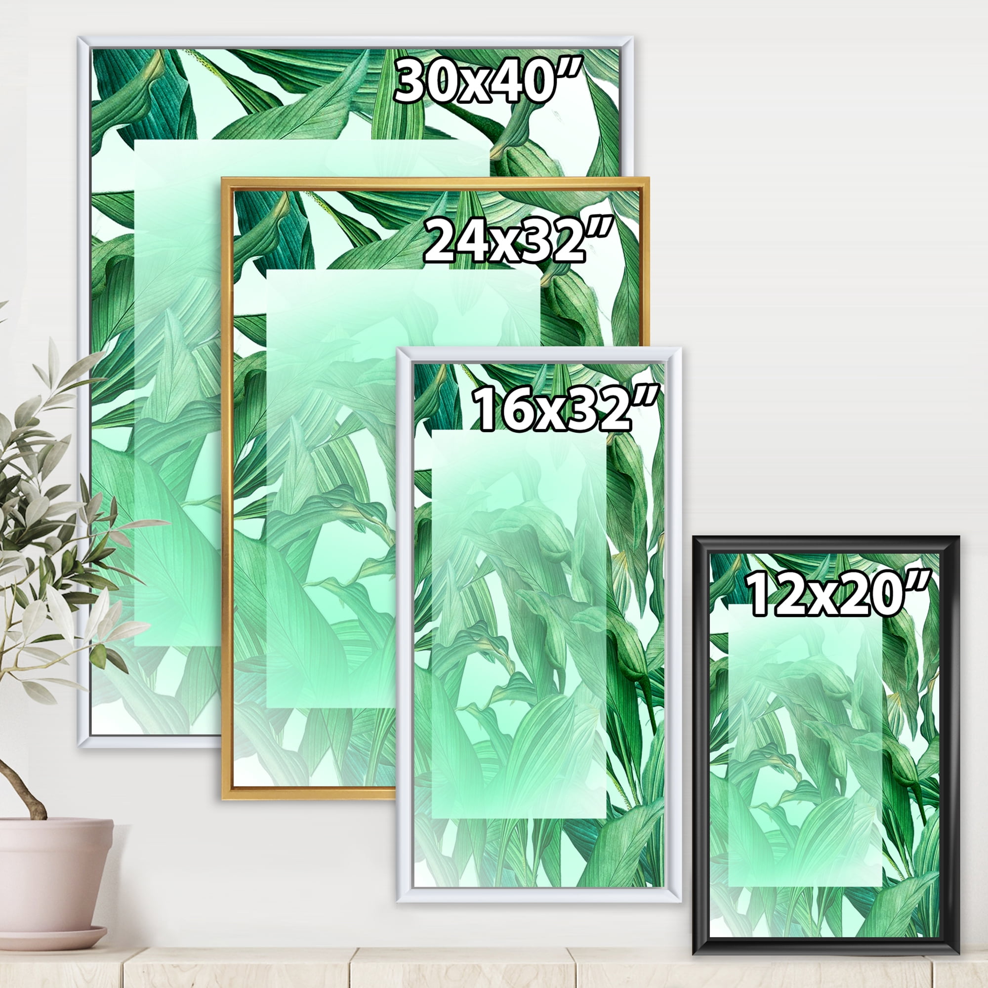 Designart 'Tropical Palm Green Leaves Under White Rectangle' Nautical & Coastal Framed Canvas Wall Art Print