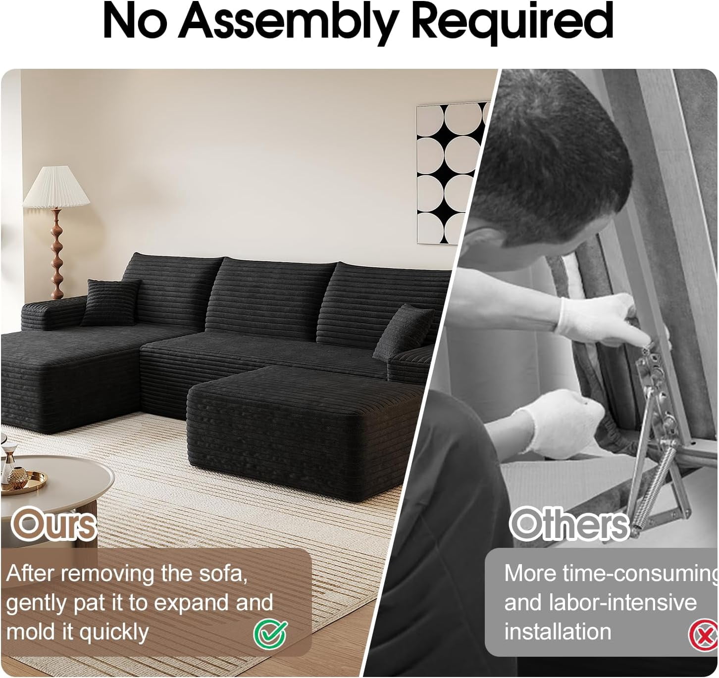 Sailvan 107" Cloud Sectional Couch, Cloudy Sofa with L-Shape Chaise & Ottoman, Upholstered Couches for Living Room & Bedroom, No Assembly Required, Plush Corduroy Fabric, Black