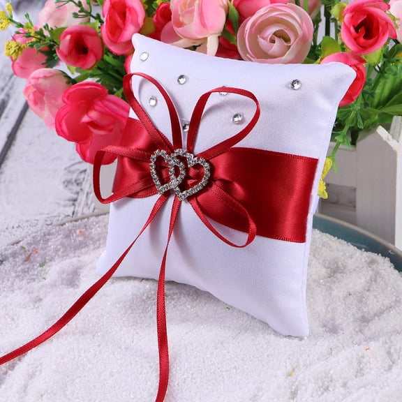OFFIGAM 1Pc Red Ring Bearer Pillow with Heart-Shaped Design Satin Bow and Rhinestone Embellishments