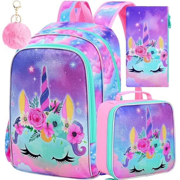 Set de Mochilas AGSDON Unicornio para Niñas de 16" con Bolsa para Almuerzo y Estuche