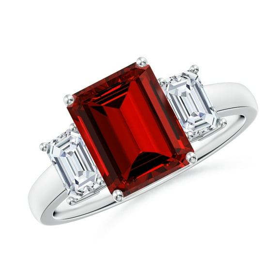 Angara Lab Grown Ruby Engagement Ring with Diamond in 925 Sterling Silver for Women (Size-9x7mm) – July Birthstone Jewelry | Three Stone Emerald cut Lab Ruby Ring (Ring Size - 7.5)