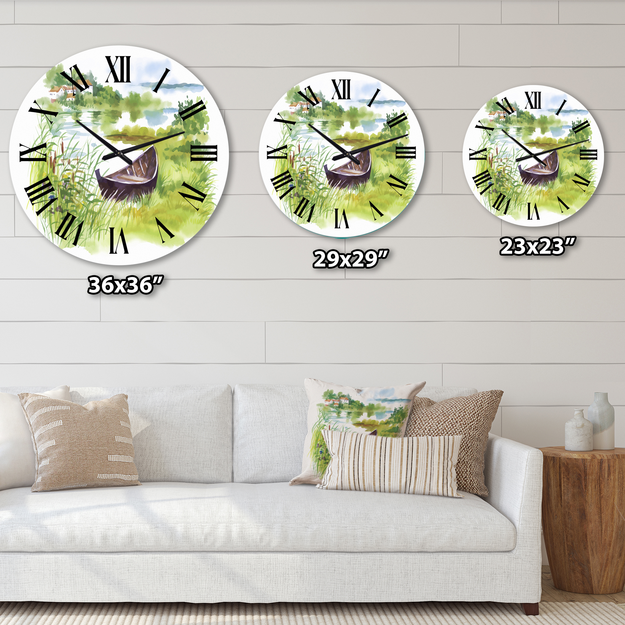Designart 'Rural Green Landscape With Boat' Lake House Wall Clock