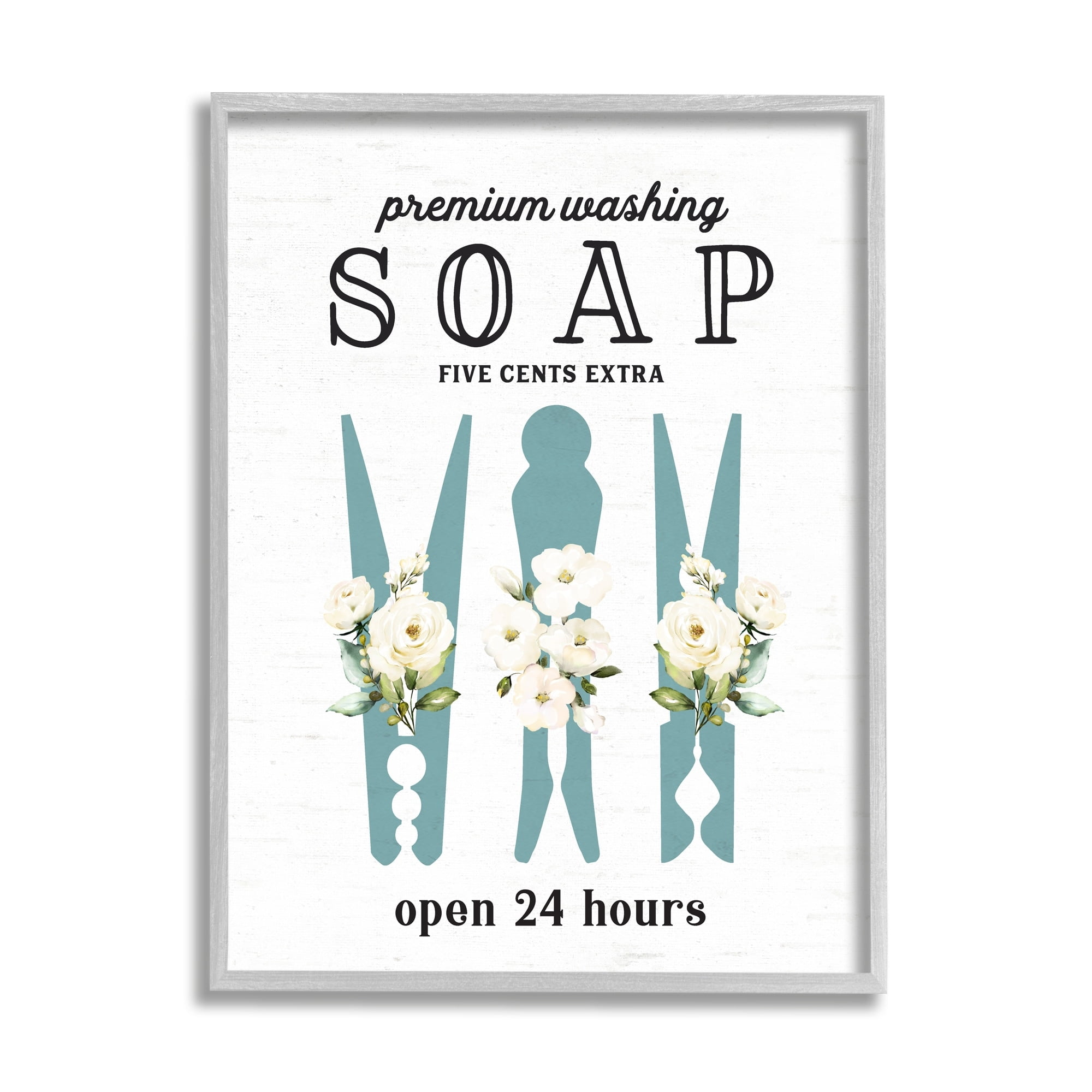 Stupell Industries Premium Soap Laundry Sign Vintage Floral Clothespins Graphic Art Gray Framed Art Print Wall Art, Design by Lettered and Lined