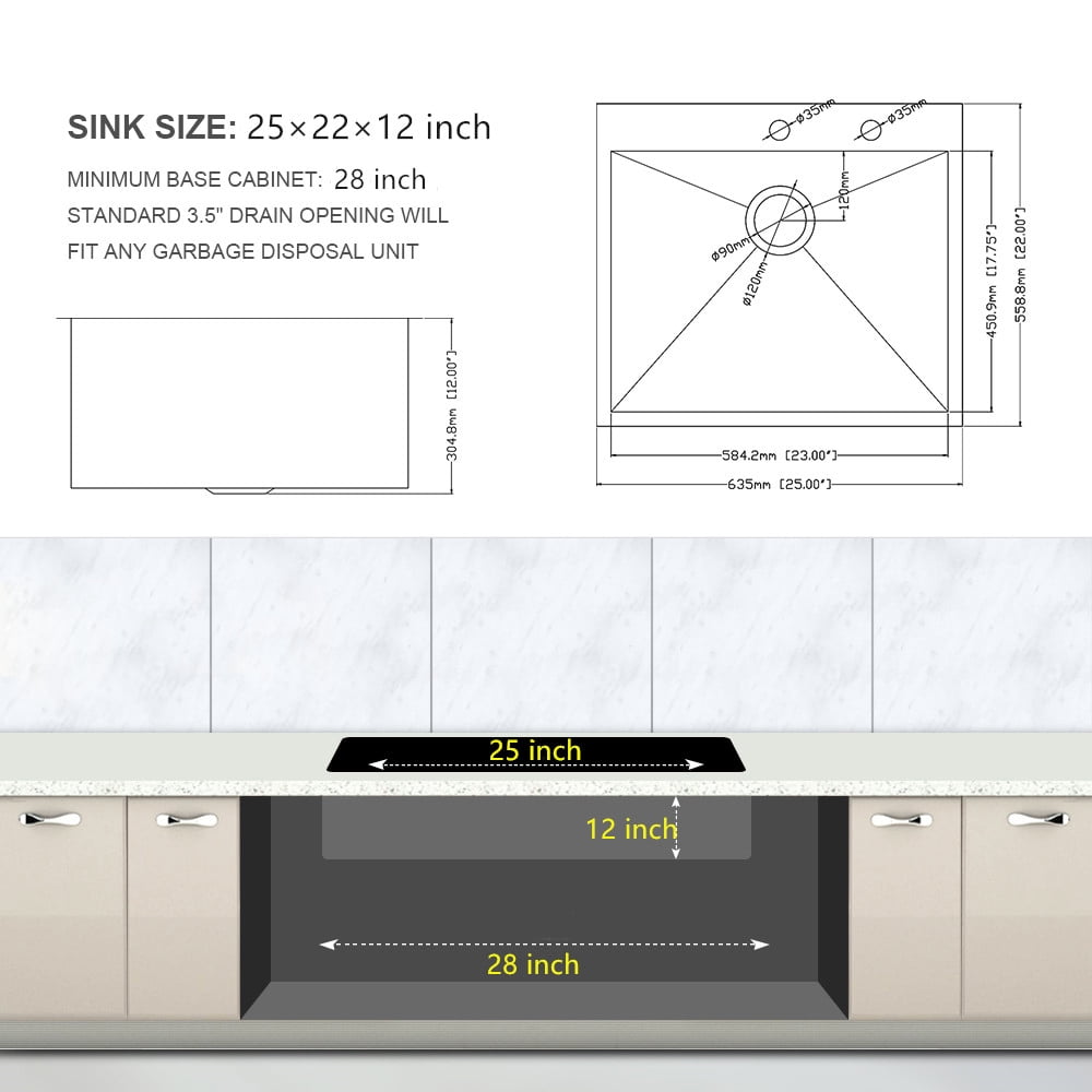 Undermount Kitchen Sink 25"x22"x12" Stainless Steel Laundry Utility Sink Drop In Topmount 16 Gauge Deep Single Bowl Kitchen Sink Basin,Stainless Steel Kitchen Sink
