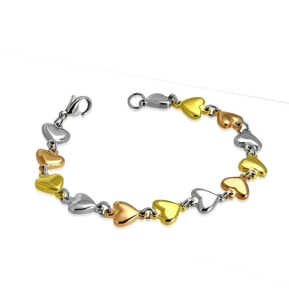 Stainless Steel Yellow Rose Gold-Tone Silver-Tone Love Heart Link Womens Bracelet, 7.5"