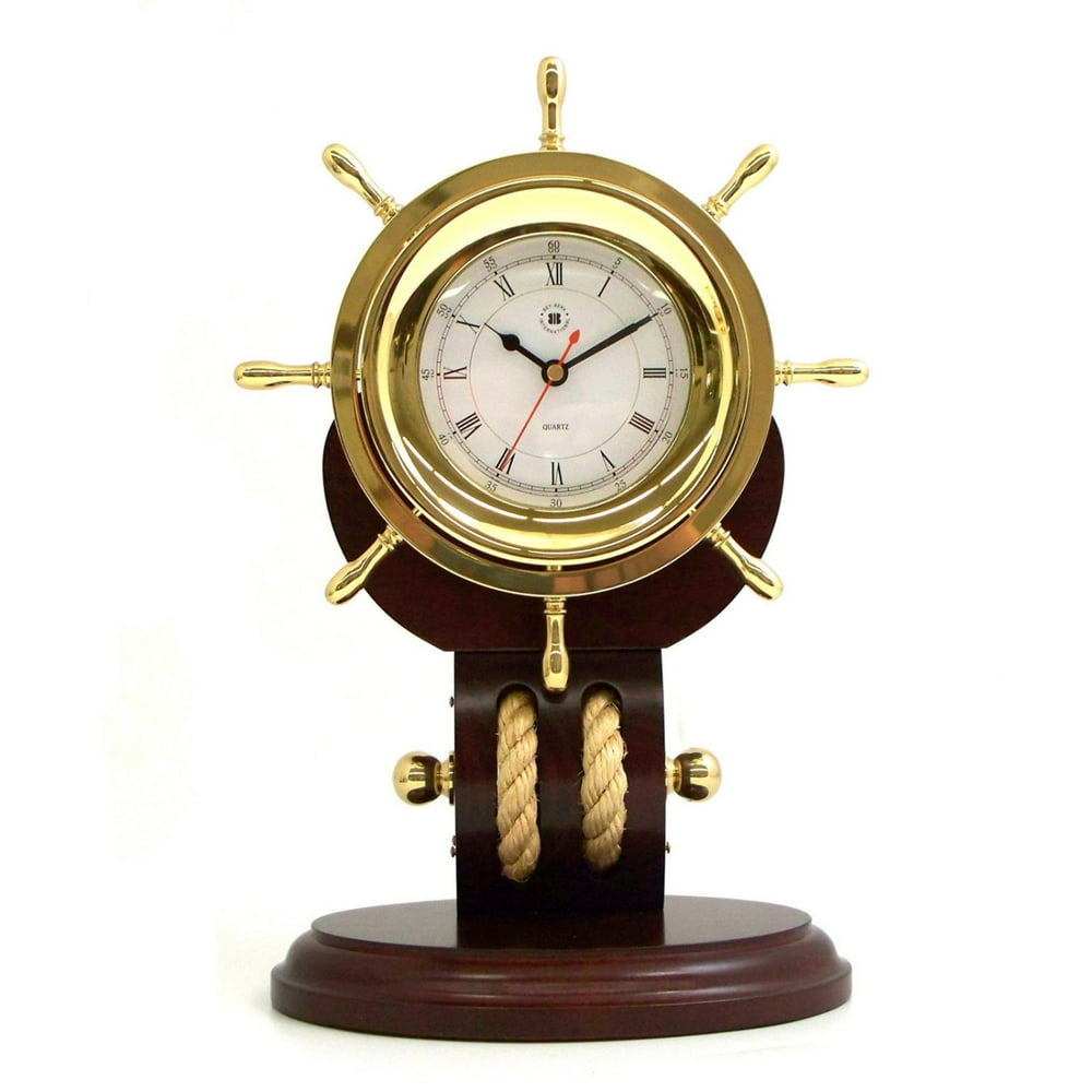 BeyBerk International Brass Ships Wheel Clock with Rope on Teakwood