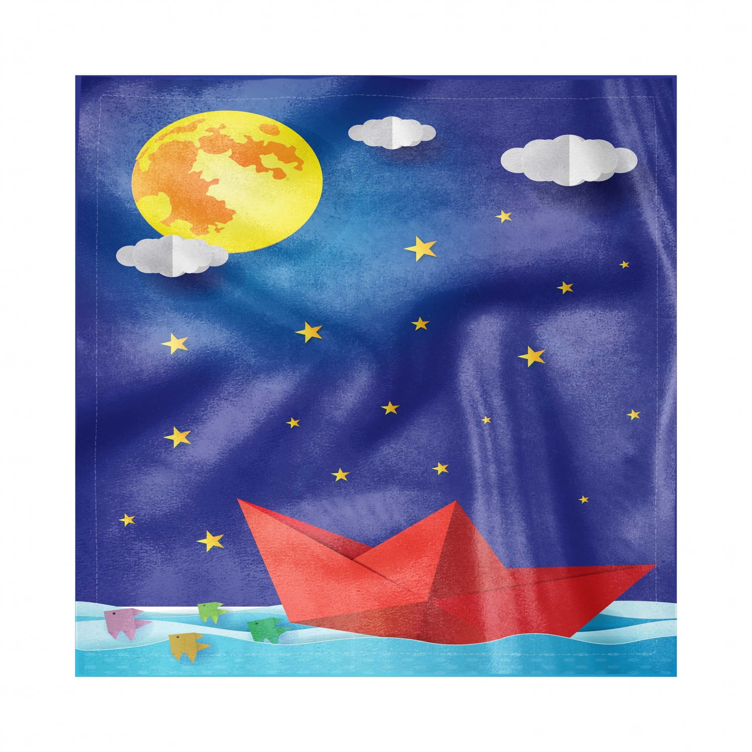Full Moon Napkins Set of 4, Origami Style Boat Floating on Water with Fish Surreal Design, Silky