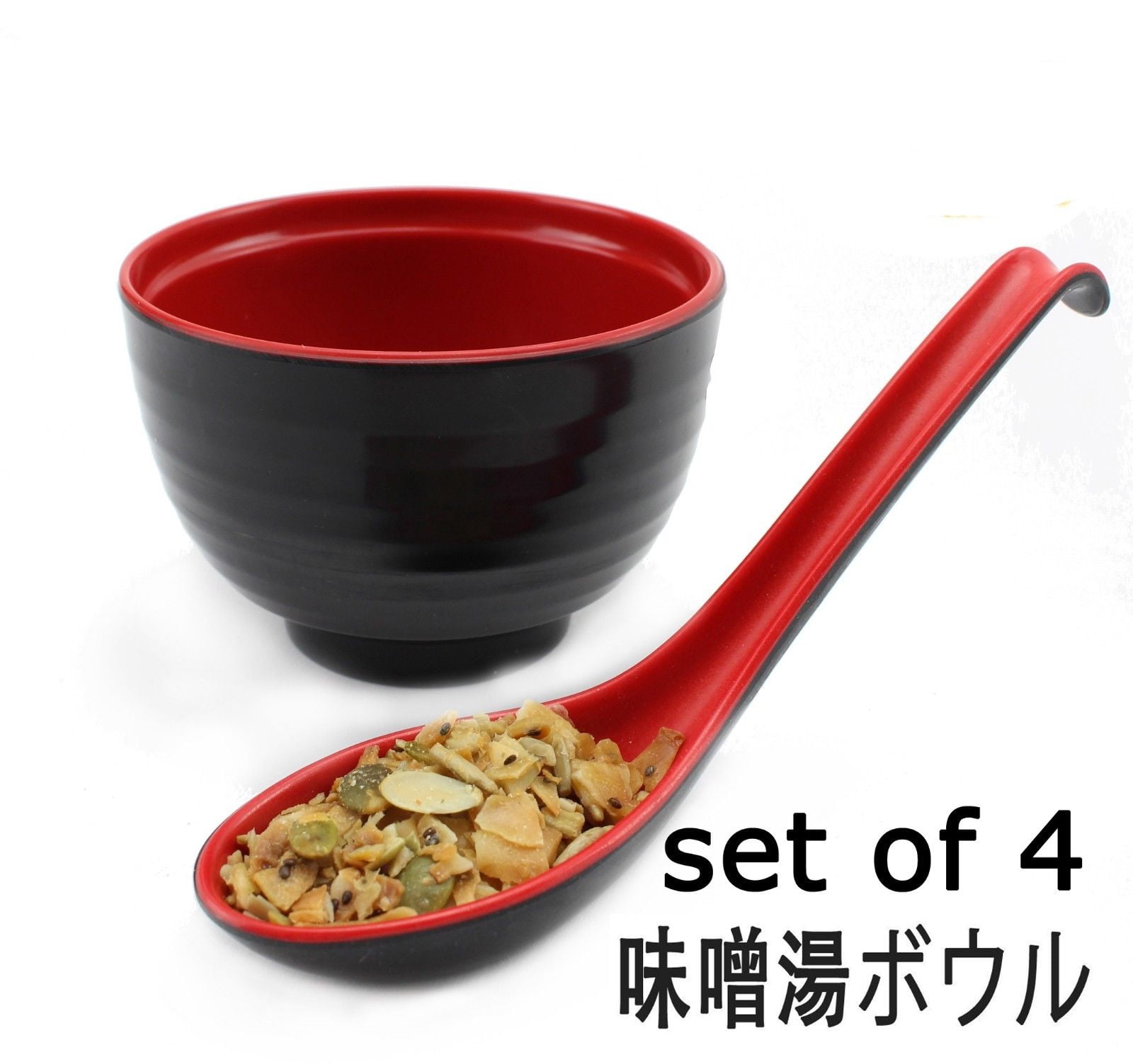 味噌湯ボウル Melamine Plastic Noodle Miso Soup Bowls with Spoons Red Black