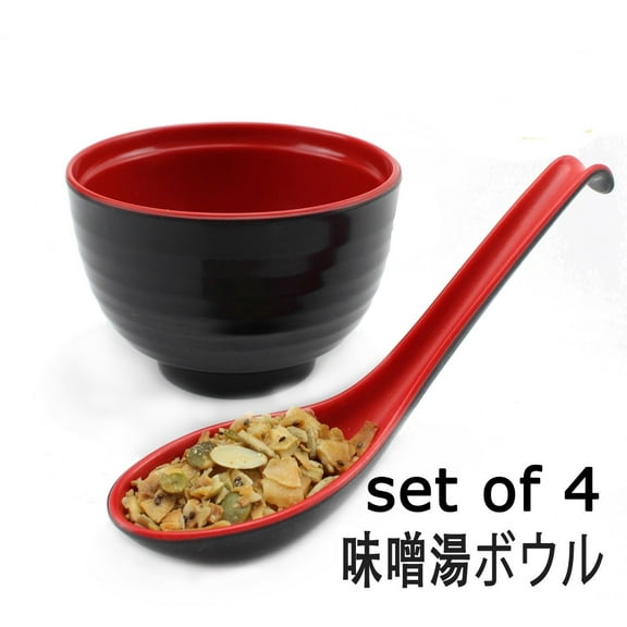 味噌湯ボウル Melamine Plastic Noodle Miso Soup Bowls with Spoons Red Black, Set of 4