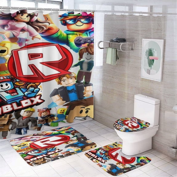 Roblox Power 4 Pcs Shower Curtain Sets Non-Slip Rugs Bath Mat Toilet Cover U Shaped Mat for Bathroom Decor Bathroom Set 72" X 72"