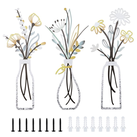 Sekonow 3 Pieces Metal Flowers Wall Art, Rustic Farmhouse Minimalist Floral Vase Wall Decor for Bathroom Living Room Bedroom Dining Room Kitchen Home Office, Multicolored