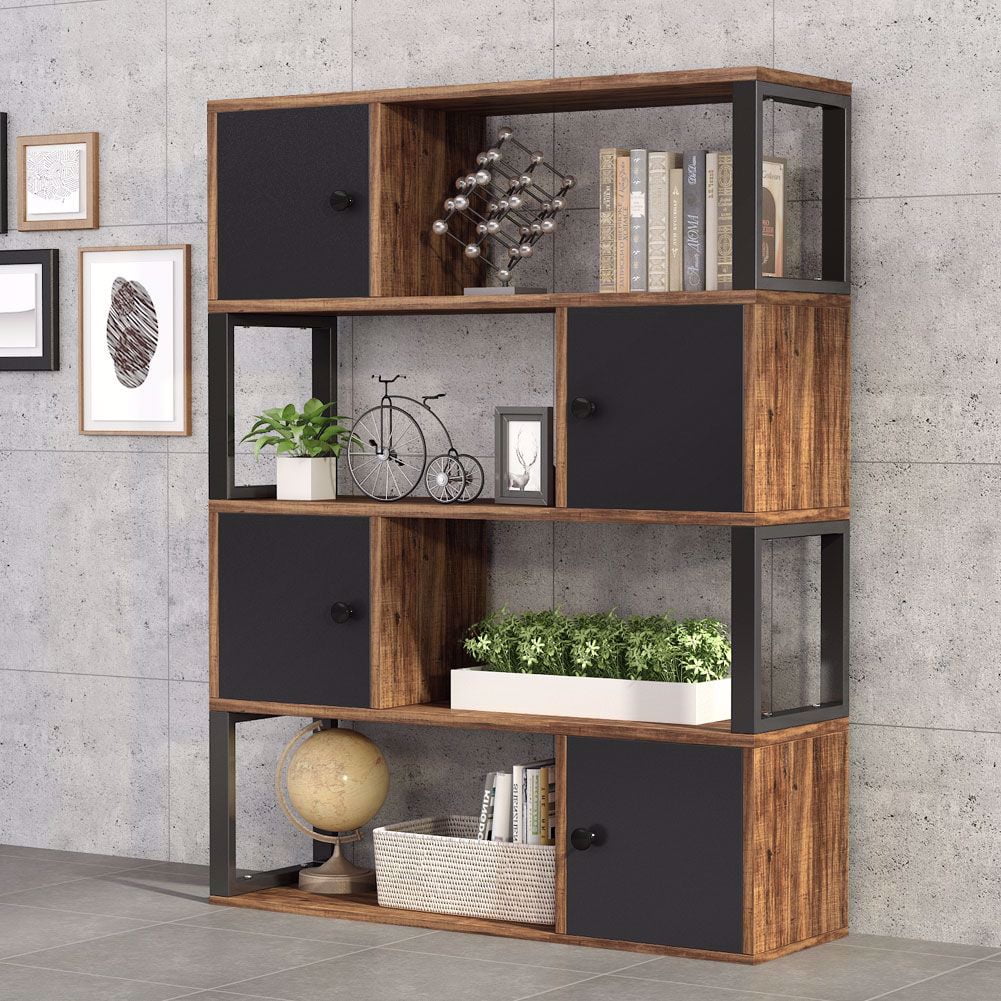 Vintage Wooden Bookcases Storage Organizer for Home Office Industrial 4-Tier Living Room Storage Cabinet with 4 Doors and Open Shelves Tribesigns Bookcase Bookshelf 
