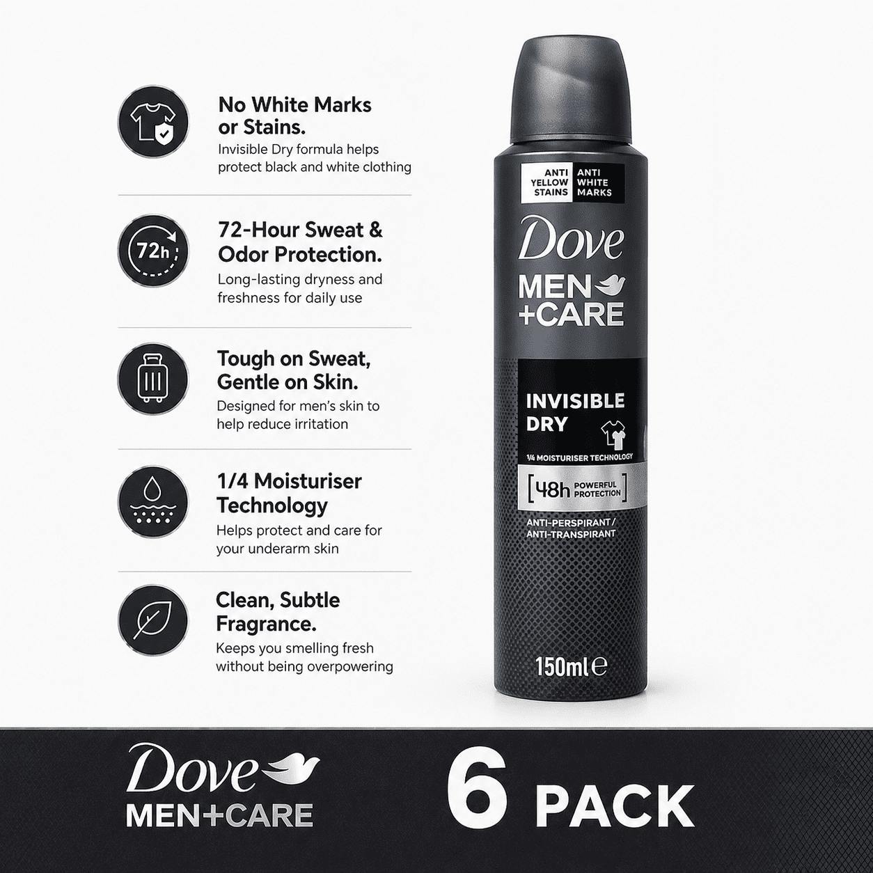 Dove Men+Care Invisible Dry Antiperspirant Spray Deodorant 3.8 oz (150 mL), 6 Pack, 72-Hour Protection, No White Marks on Clothes