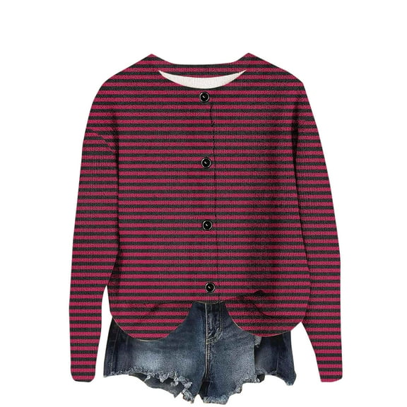 Womens Knitted Ribbed Cardigan Sweater, Fall Sweaters for Women Open Front Casual Striped Printed Button Down Long Sleeve Pullover Cover Up Coats