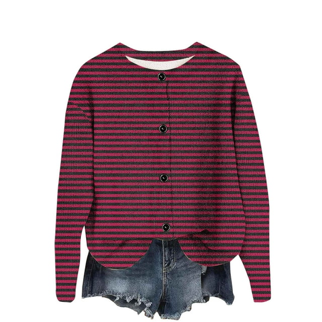 Lmnyox Cardigan à Boutons pour Femme, Imprimé Mode, Manches Longues, Col Rond, Veste Cardigan, Manteau d'Automne et d'Hiver