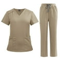 thumbnail image 3 of Minjewel Women's V-Neck Short Sleeve Scrubs for Women Set with Pockets, Soft & Durable Scrub Set for Hospital, Clinic & Caregiving,Light Brown L, 3 of 6