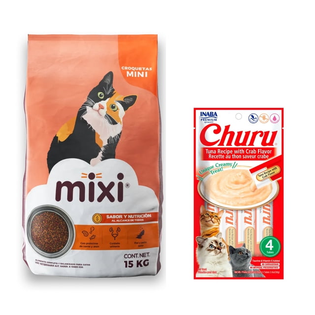 Mixi 15 Kg + Churu Atún con Cangrejo Sobre con 4 Tubos de 14 g