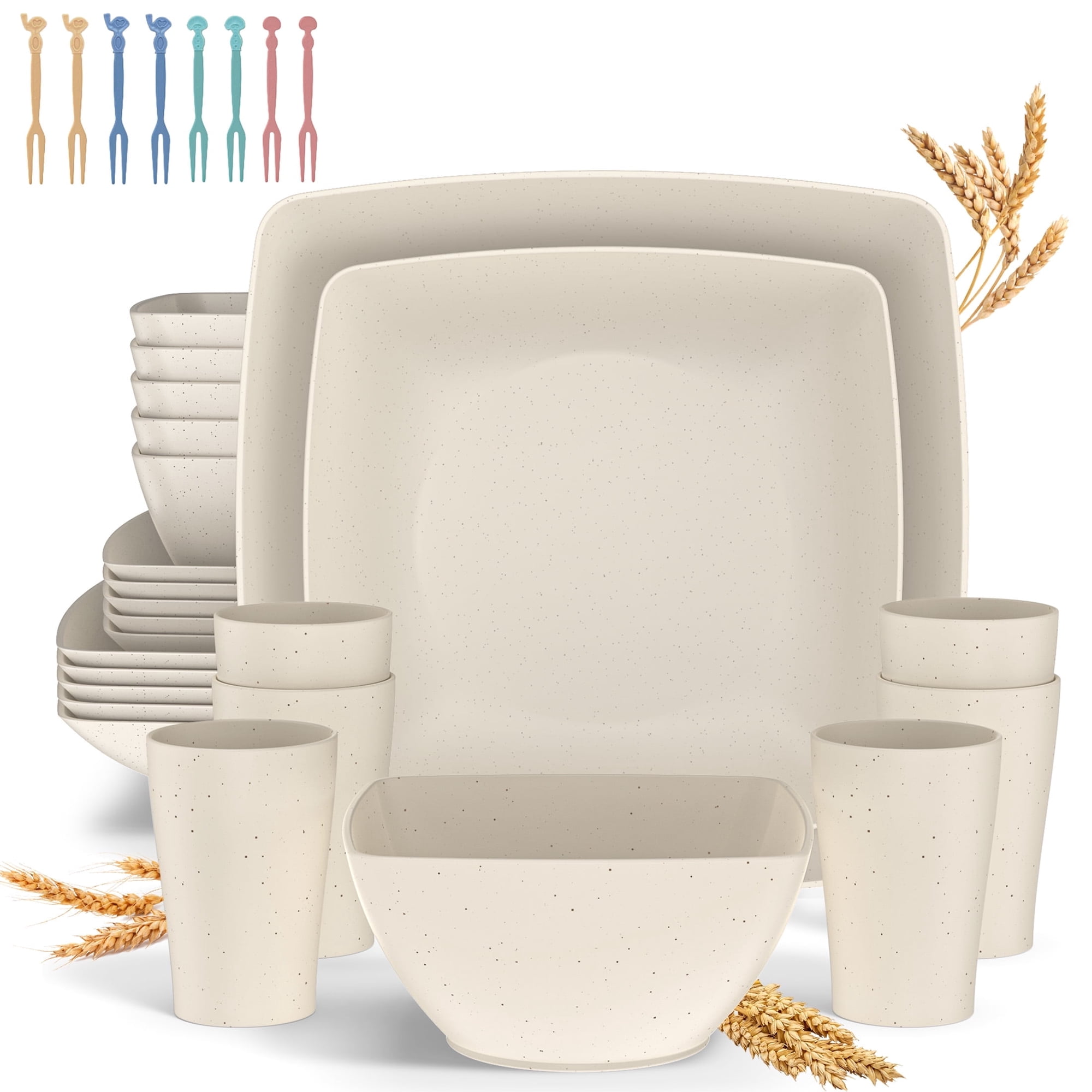 GPED 32 Pcs Wheat Straw Square Dinnerware Sets For 6, Unbreakable Dish Sets, Reusable Plates and Bowls Sets, Dinner Plates, Travel Camping Cutlery Set, Dishwasher Microwave Safe, Beige