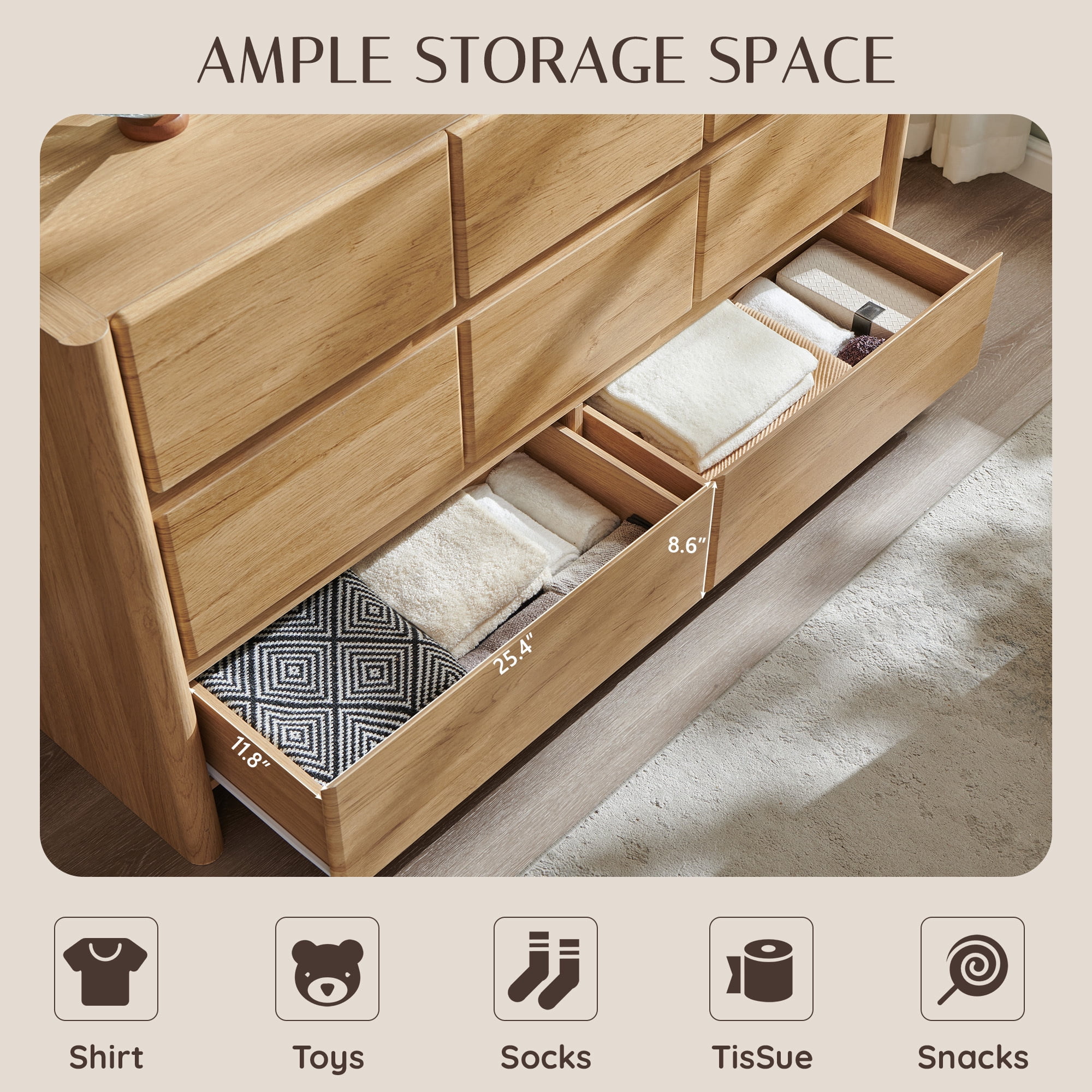 wow97e Modern 8 Drawers Dresser for Bedroom, 55" Wide Natural Wood Chest of Drawers w/Rounded Corner & Handless Design for Living Room