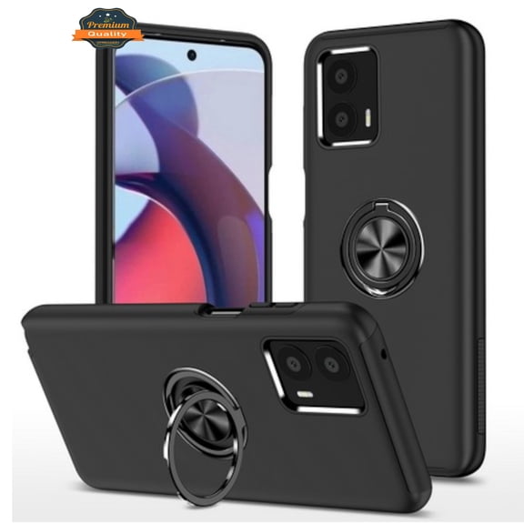 For Motorola Moto G Power 2023 Hybrid Military Grade with Flat Metal Ring Stand 360° Rotation Kickstand Hard PC Phone Case Cover by Xpression - Black