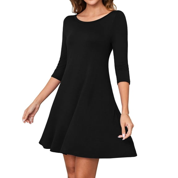 Asklazy Women's Round Casual Dress Neck 3/4 Sleeves A-line Tshirt Dress with Pocket,US Size,2XL,Black