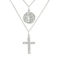 Natalia Drake 1/5 Cttw Diamond Cross and Tree of Life Double Strand Necklace for Women 18 Inch in Rhodium Plated Sterling Silver