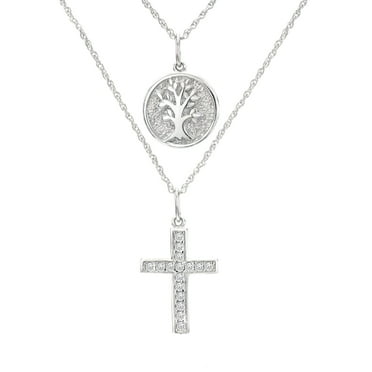 Natalia Drake 1/5 Cttw Diamond Cross and Tree of Life Double Strand Necklace for Women 18 Inch in Rhodium Plated Sterling Silver