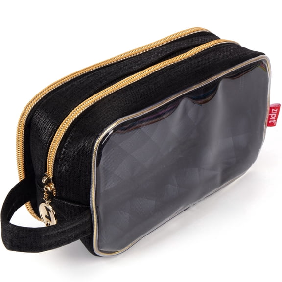 ZIPIT: Travel Makeup Bag - Black - Large Zipper Cosmetic Case, 3 Compartments, Toiletry Storage Organizer, Clear Window, Brush Slots