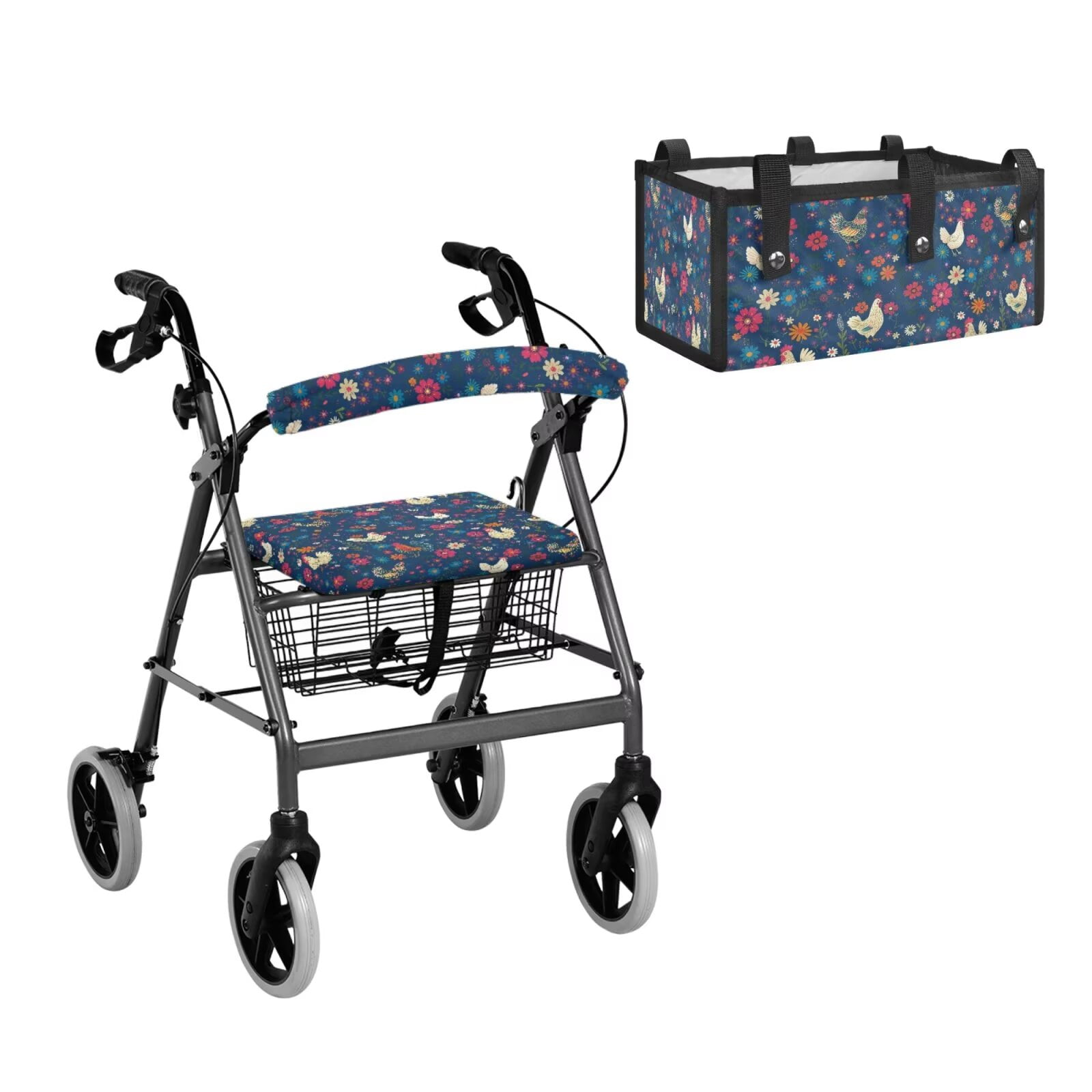 COEQINE Rollator Walker Seat and Backrest Covers with Storage Bag 3 Pieces Set, Universal Washable Rollator Walker Accessories Gifts for Seniors Ladies, Rooster Chicken Floral Blue