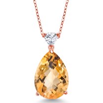 Gem Stone King 18K Rose Gold Plated Silver Pendant with Chain Pear Shape Checkerboard Citrine and Moissanite (11.27 Cttw)
