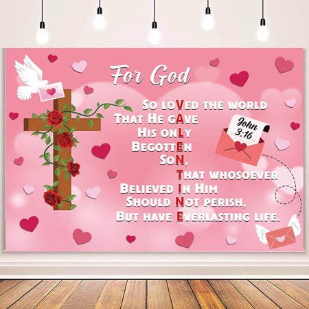 Valentine's Day Christian Backdrop for God John 3:16 Happy Valentines Day Decorations Banner Pink Loving Heart Christian Crucifix Church Background School Party House Decor Supplies