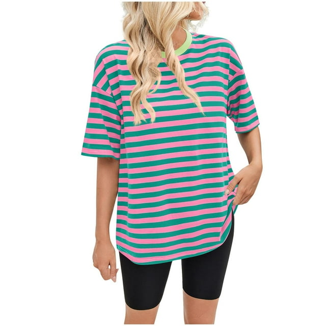 Pisexur Hauts de Printemps pour Femmes 2025, Hauts pour Femmes, Hauts pour Dames 100 % Coton, Haut Décontracté à Manches Courtes Imprimé Rayé Col Rond Mode Rose, m