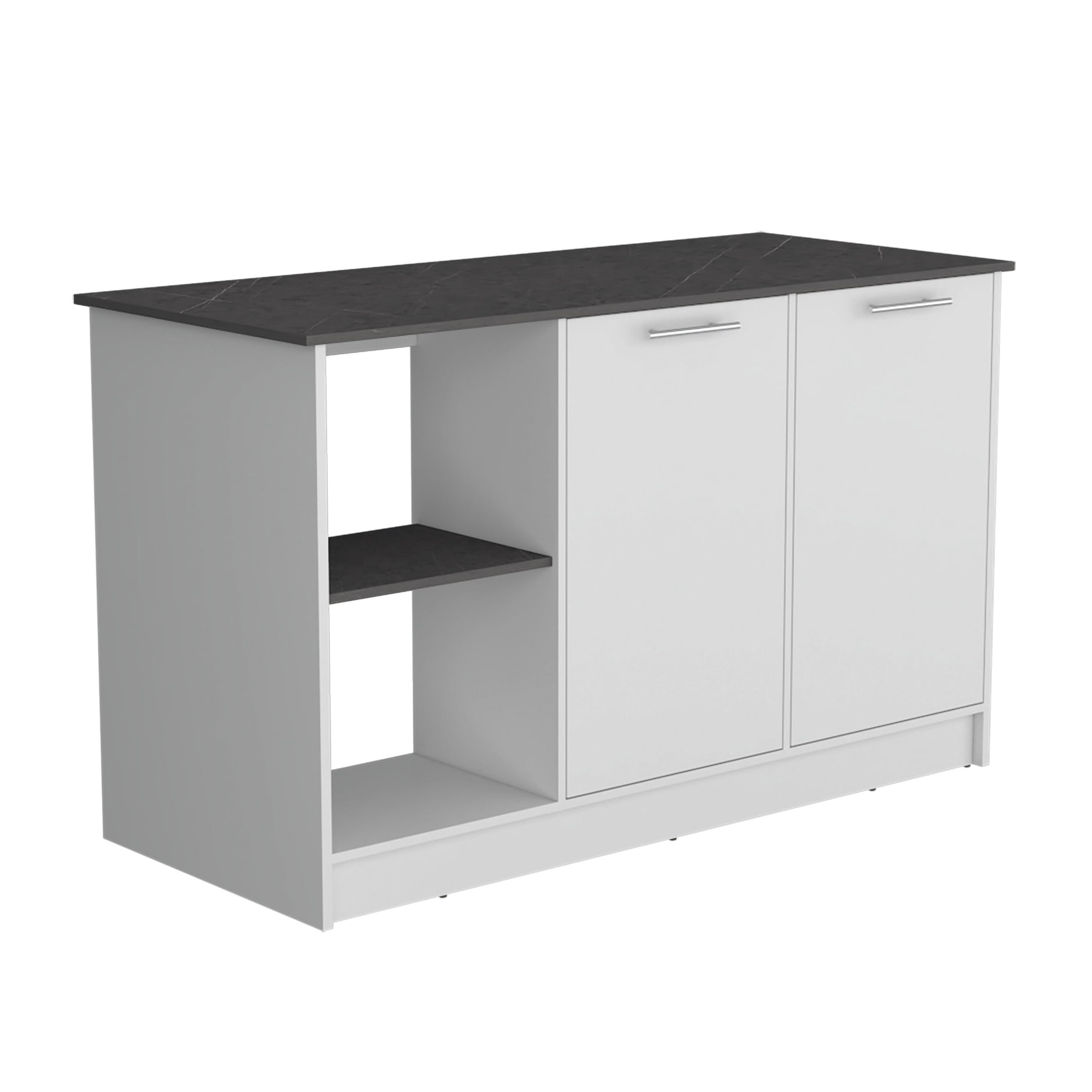 Kitchen Island With Ample Workspace Countertop In White, Double Door Cabinet & Open Shelves. Offers Sufficient Work Area. Stores Pots, Pans, Dishes. 59" X 25.36" 34.79". Engineered Wood, Solid Wood