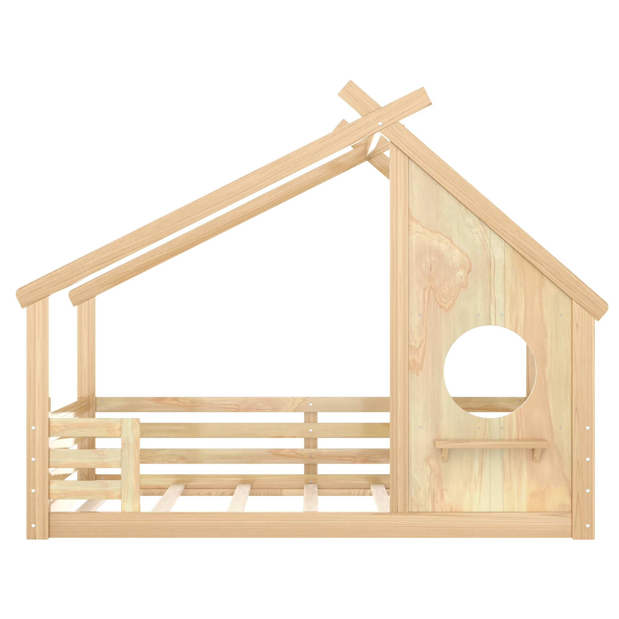 Jopath Full Size House Floor Bed with Window and a Small Shelf, Solid Wood Floor Bed with House-shaped Roof for Boys Girls Natural