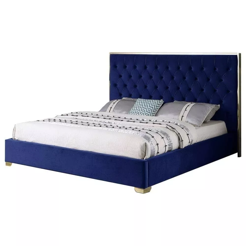 Velvet Upholstered California King Size Platform Bed Frame, Tufted Headboard Chrome Finish Accent Bedroom Furniture, Blue