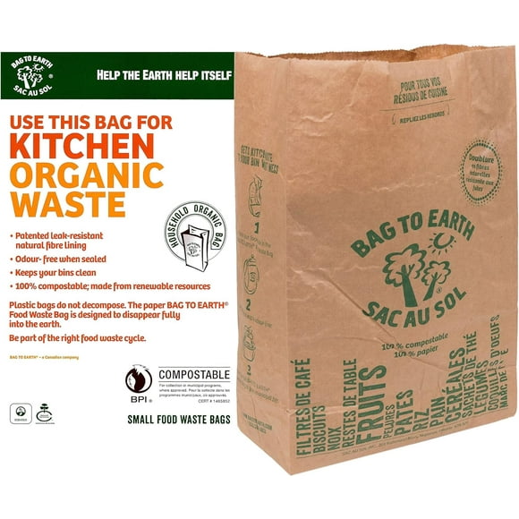 Bag to Earth -6C- Déchets Alimentaires de Cuisine Sac - Compostable Sac - Revêtement en Cellulose Résistant aux Fuites - Sans Plastique - Petit - 6 Sacs